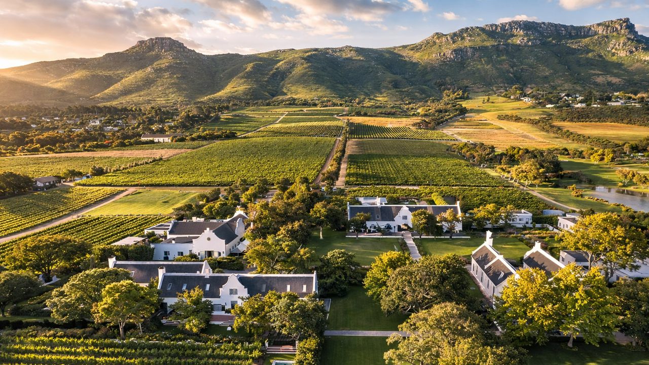 Aerial view of the Steenberg estate and vineyards in Constantia at golden hour