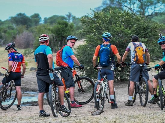 Group of riders regrouping with their guide during a mountain bike safari
