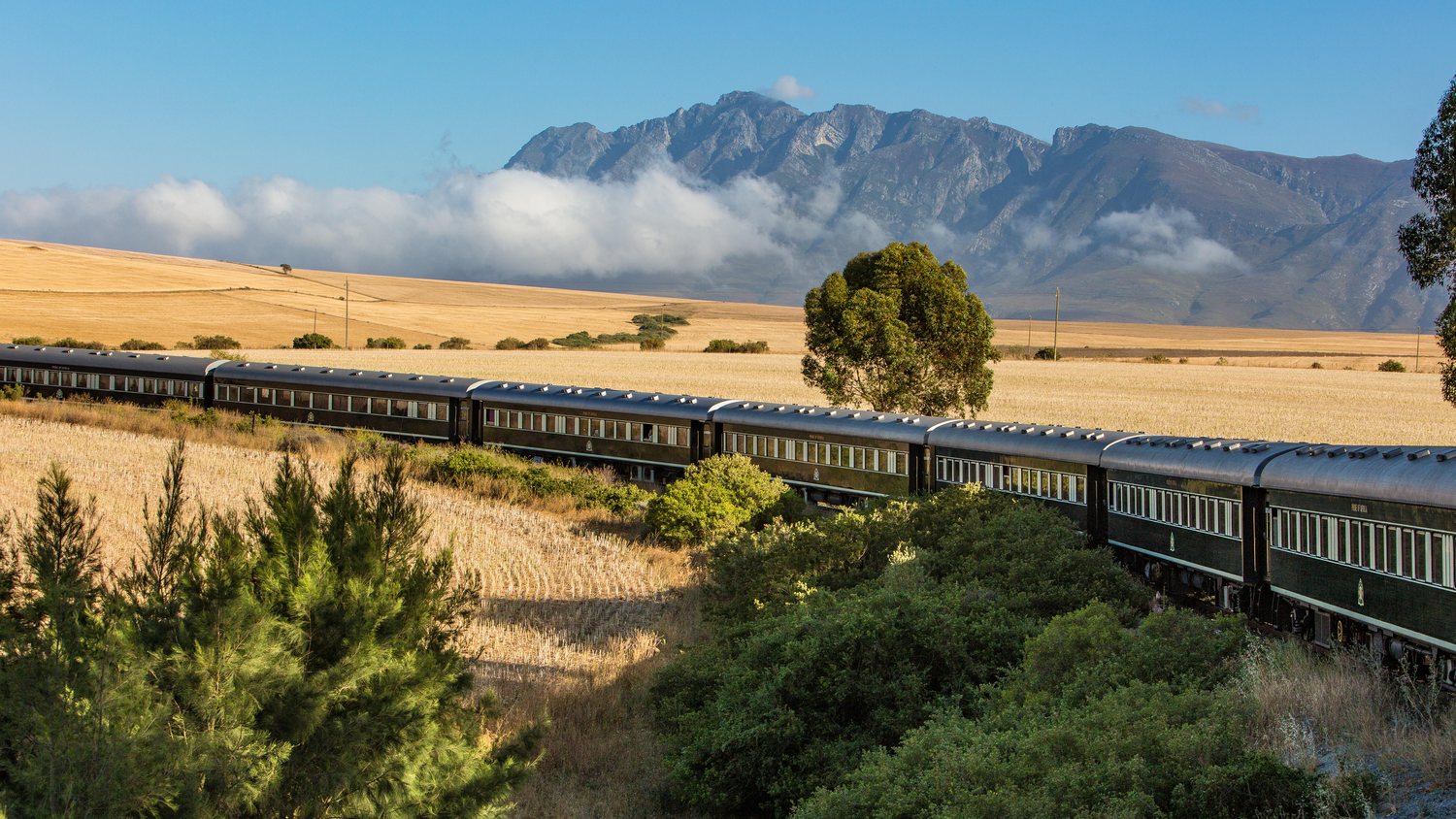 The Rovos Rail train running through open farmland with a mountain range behind