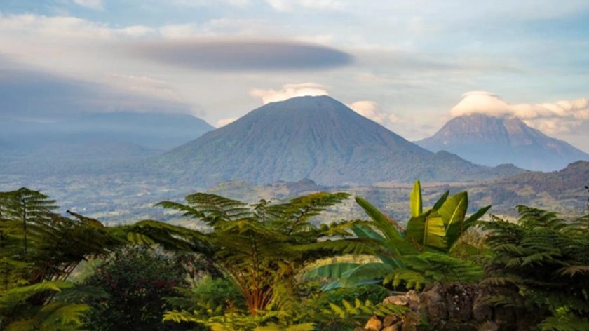The Virunga volcanoes above Musanze, northern Rwanda