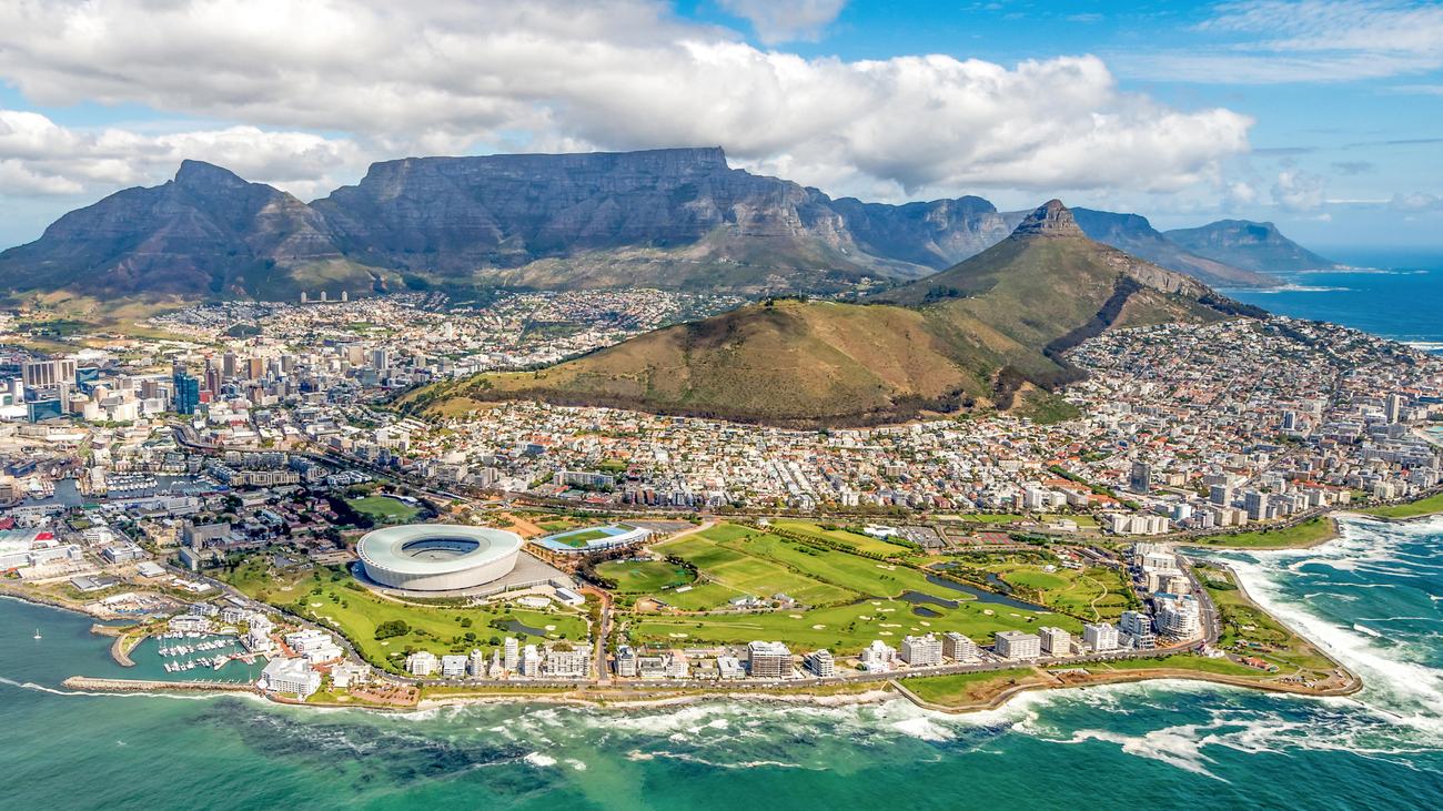 Aerial view of Cape Town with Table Mountain, Lion's Head and the Atlantic seaboard