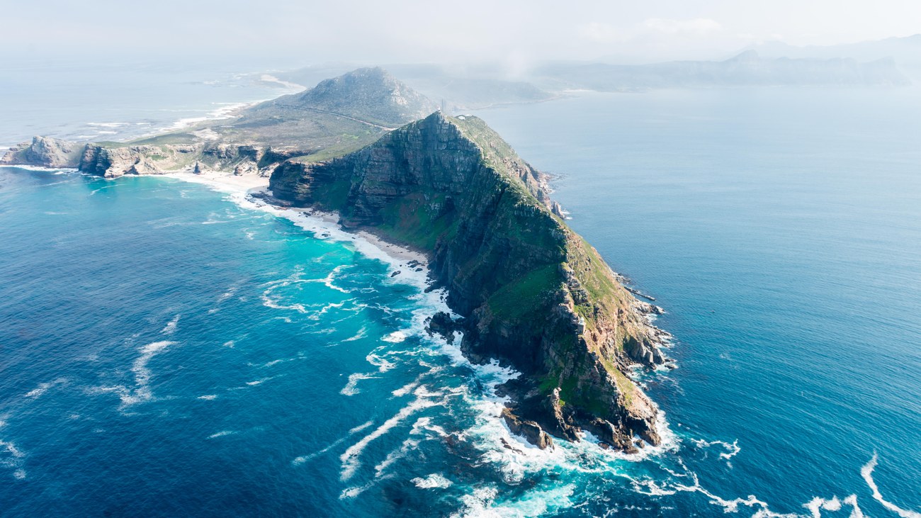 Aerial view of Cape Point and the Cape of Good Hope with the Atlantic on both sides
