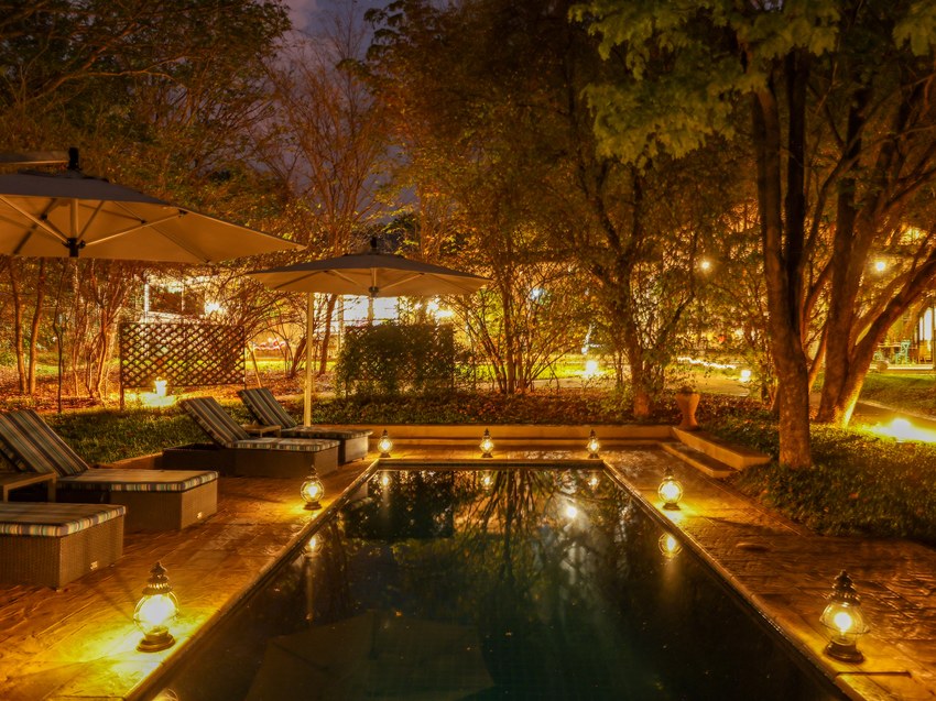 The pool at Mbano Manor lit at night beneath the surrounding teak trees