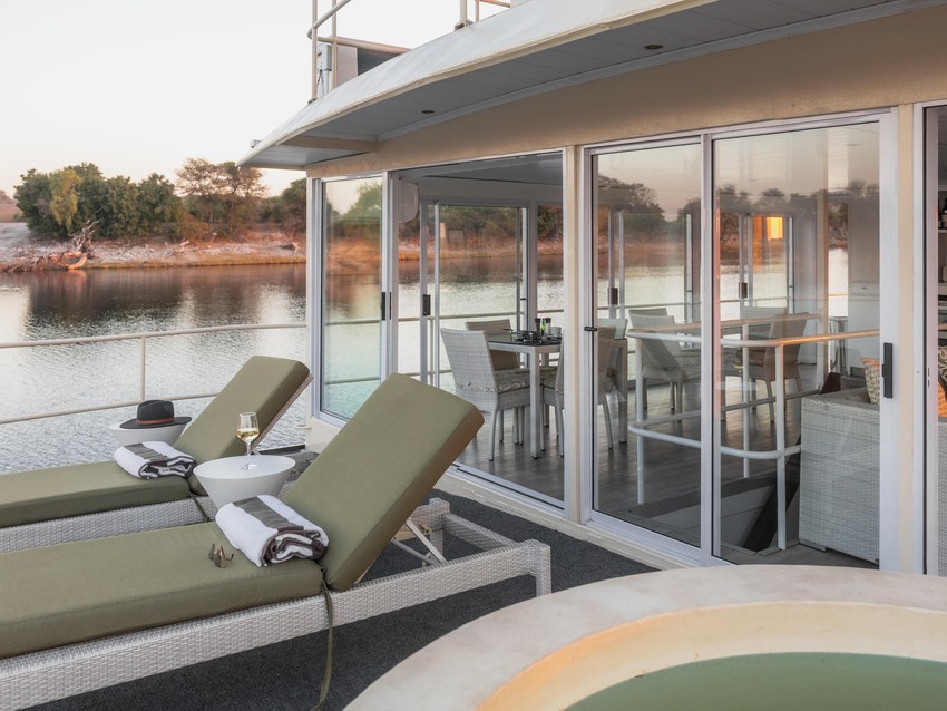 Sun loungers and a small plunge pool on the upper deck of the Chobe Princess