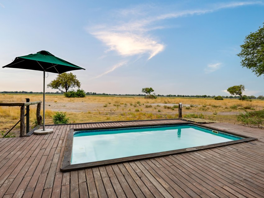 The plunge pool on the deck at Kadizora Camp, looking out over the open floodplain