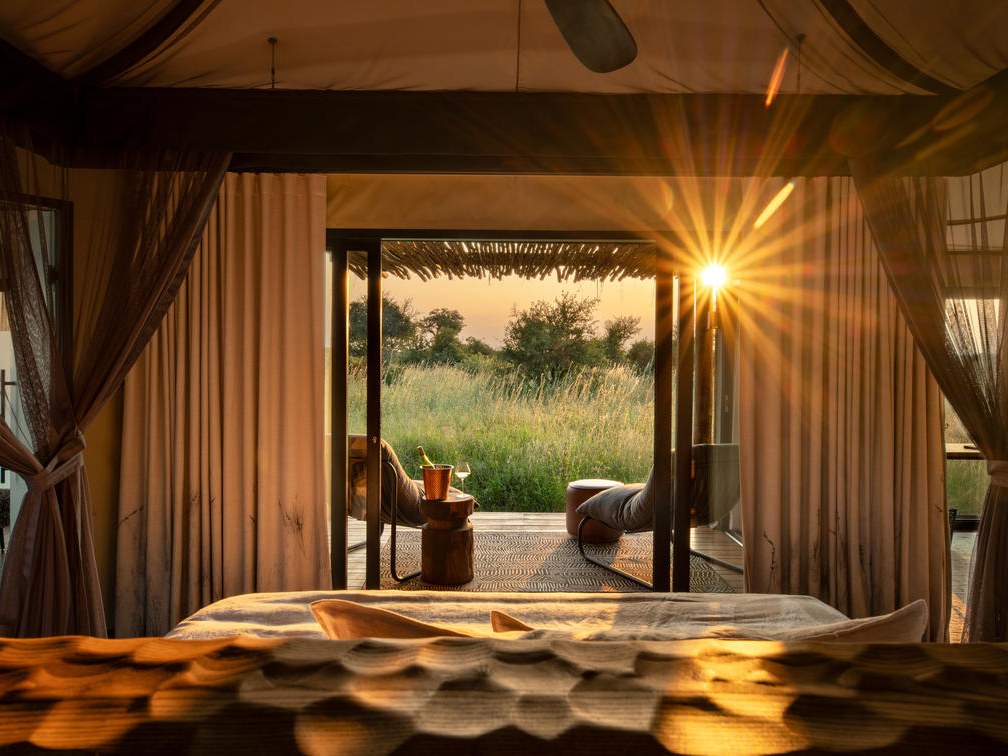 Tented suite interior at Amaya with the doors open to the bush at sunrise