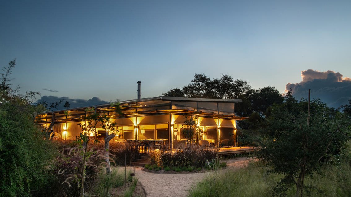 Amaya lodge lit at dusk in the Timbavati Private Nature Reserve, Greater Kruger