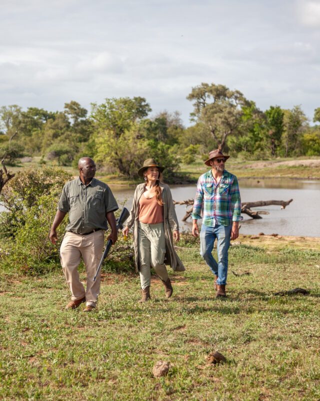 Kings Camp guide leading two guests on a bush walk beside a waterhole in the Timbavati